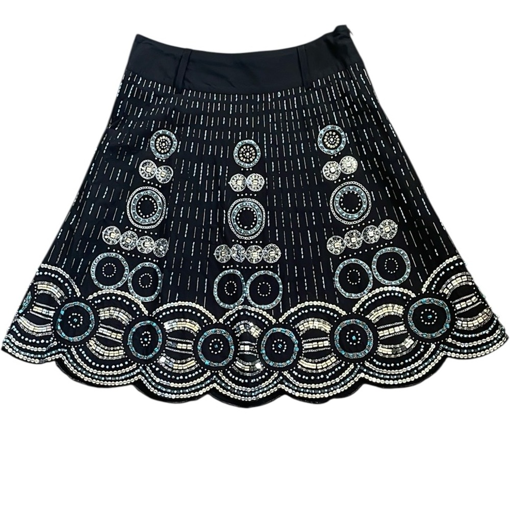 Anthropologie Basil & Maude Black Line Print Beads & Sequins A-Line Skirt 10 EUC